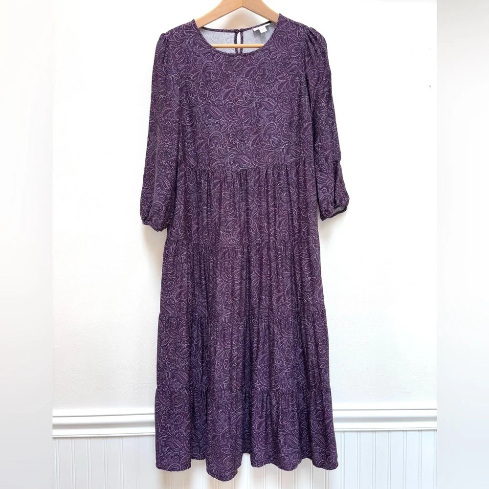 J. Jill Paisley Print Tiered Midi Dress Long Sleeve Cottagecore Boho Plum XS